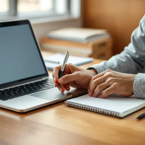 Marketing email campaign planning at a small business desk